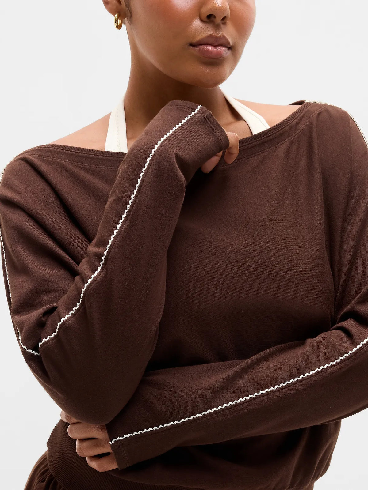 Airy Cotton Terry Boatneck Picot Sweatshirt